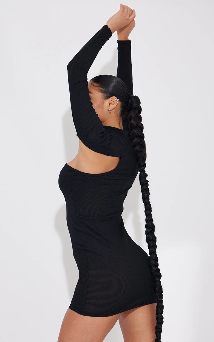 Black High Neck Cut Out Chest Rib Bodycon Dress 2 Black High Neck Cut Out Chest Rib Bodycon Dress - Image 2