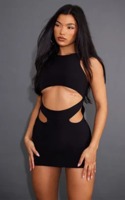 Moden Vibe Sales Store 4 Black Slinky Cut Out Waist Racer Bodycon Dress