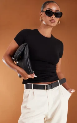 Basic Black Cotton Blend Fitted Crew Neck T Shirt