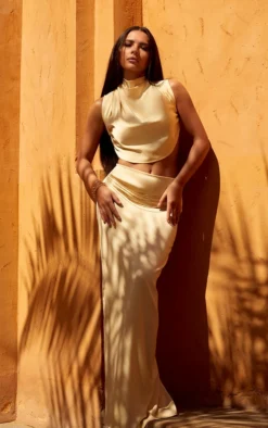 Butter Cream Satin Mid Rise Maxi Skirt