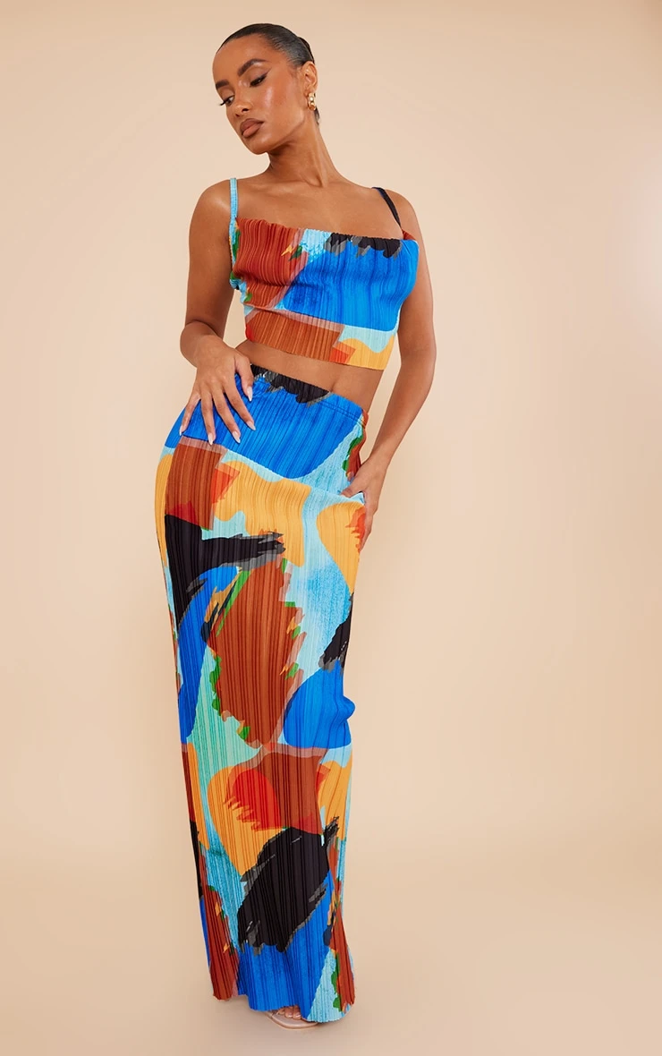 Blue Abstract Print Plisse Maxi Skirt 1 Blue Abstract Print Plisse Maxi Skirt