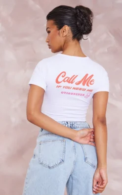 White Call Me Bubble Print Fitted Crop T Shirt