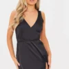 Black Satin Plunge Lace Trim Tie Waist Shift Dress