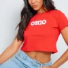 Red Ohio Printed Fitted Crop T Shirt