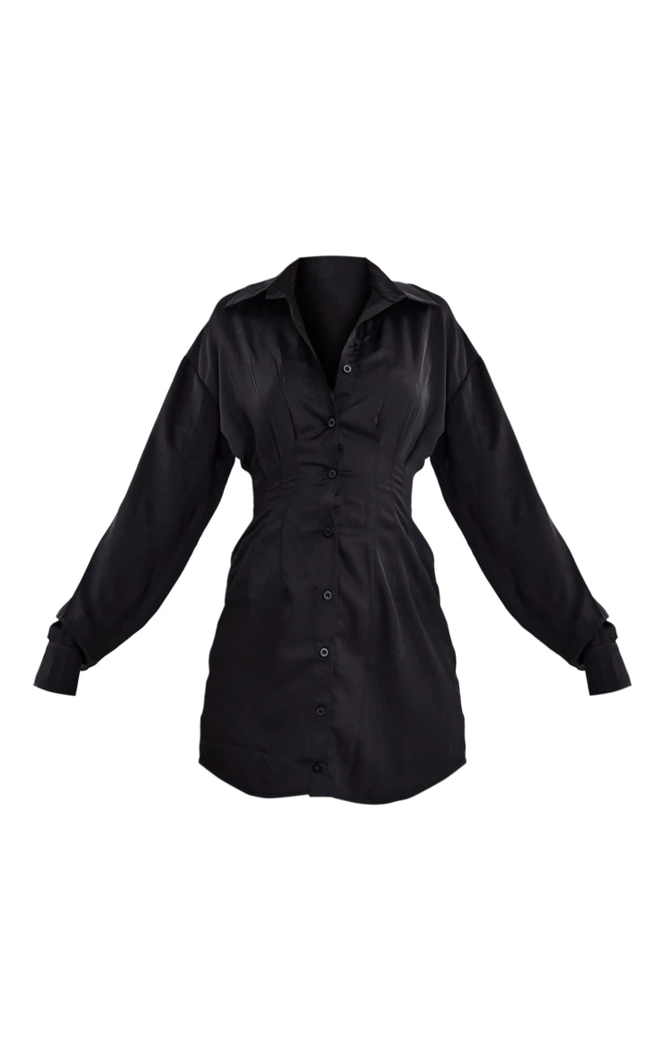 Black Satin Fitted Waist Shirt Dress 5 Black Satin Fitted Waist Shirt Dress - Image 5