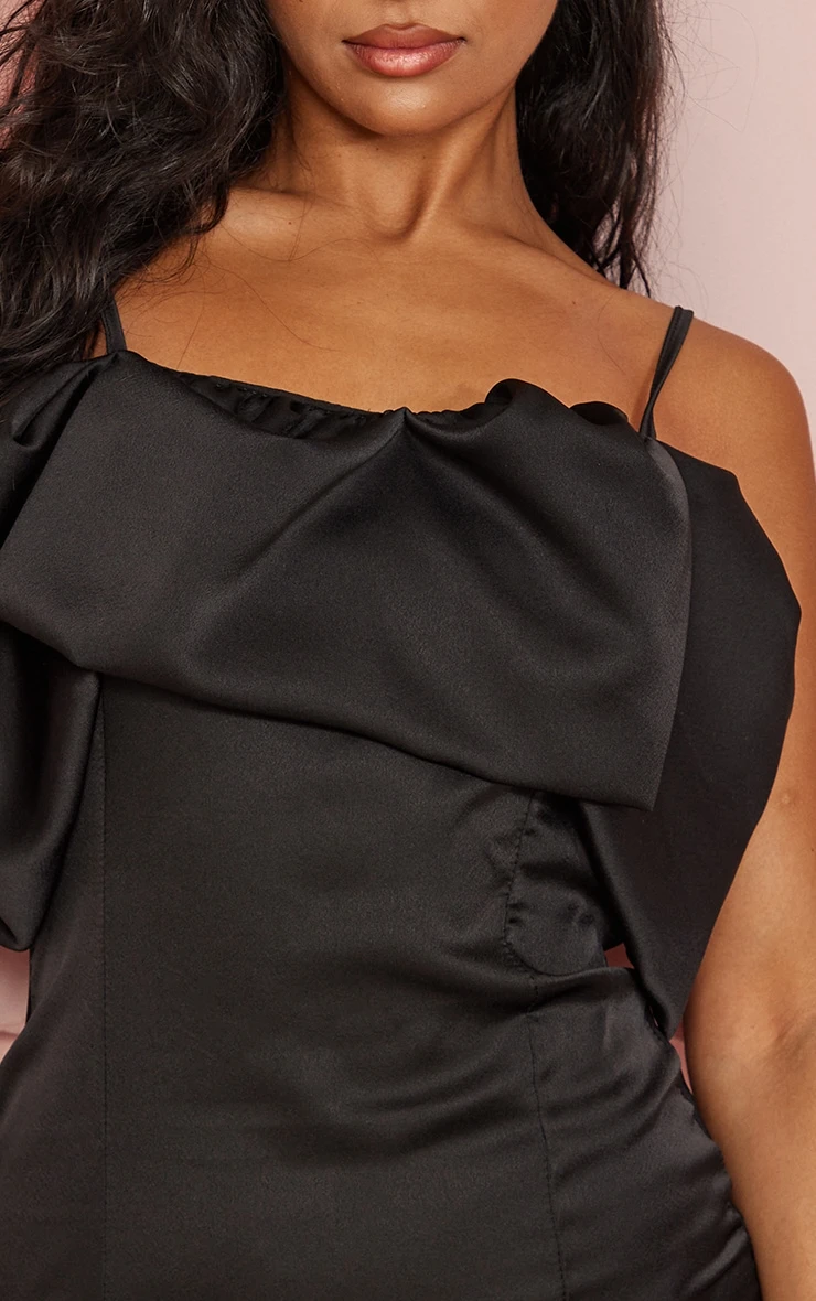 Black Satin Ruffle Detail Strappy Bodycon Dress 4 Black Satin Ruffle Detail Strappy Bodycon Dress - Image 4