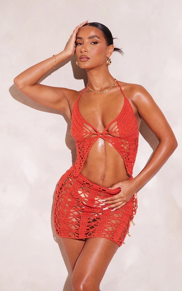 Rust Flower Contrast Crochet Mini Skirt 4 Rust Flower Contrast Crochet Mini Skirt - Image 4