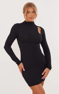 Black Rib Cut Out Long Sleeve Bodycon Dress