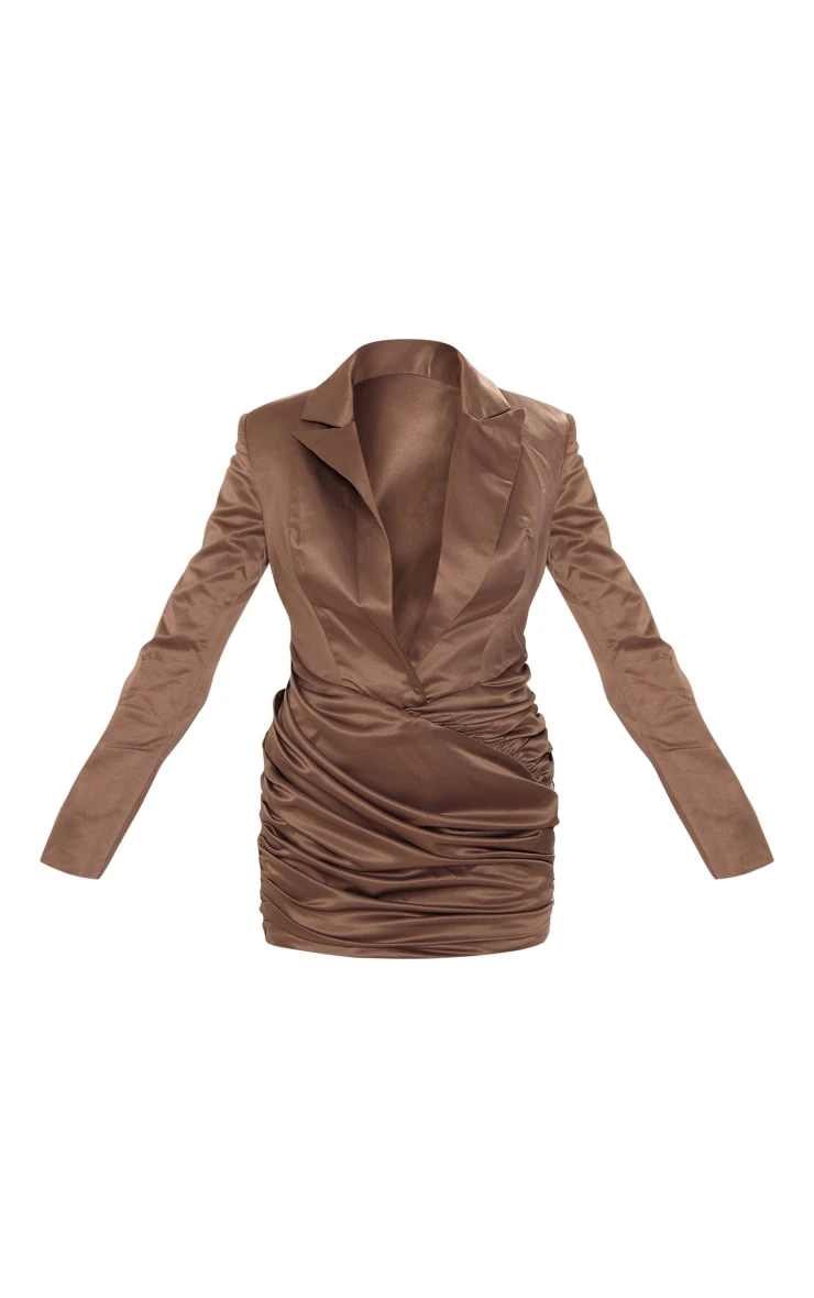 Taupe Satin Plunge Drape Skirt Detail Blazer Dress 5 Taupe Satin Plunge Drape Skirt Detail Blazer Dress - Image 5