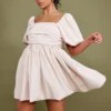 Cream Puff Sleeve Ruched Puffball Shift Dress