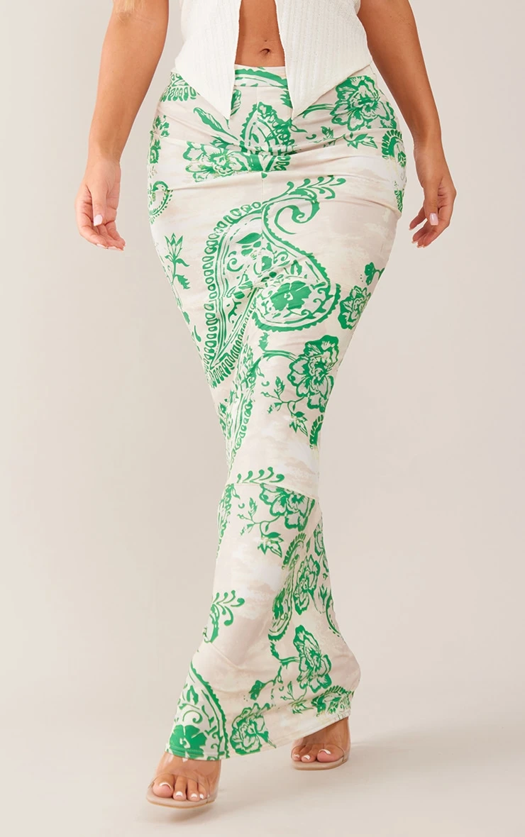 Green Swirl Print Soft Touch Jersey Seam Detail Maxi Skirt 2 Green Swirl Print Soft Touch Jersey Seam Detail Maxi Skirt - Image 2