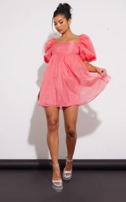 Pink Puff Sleeve Organza Shift Dress
