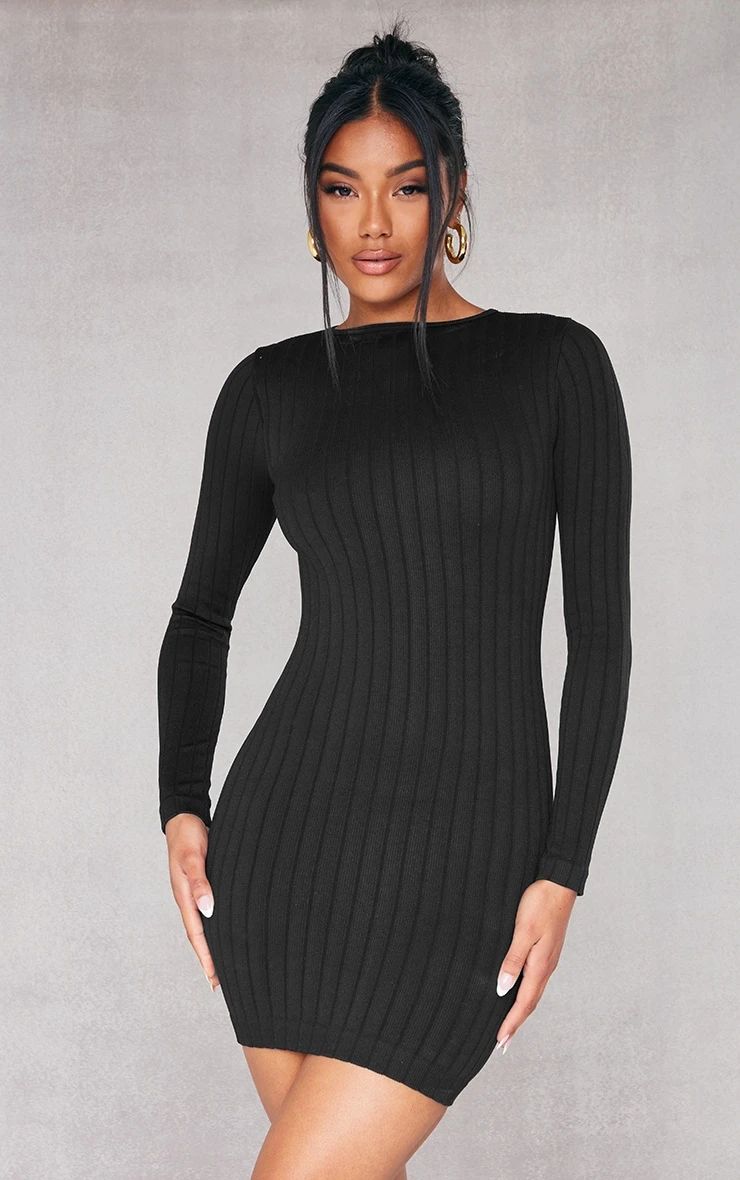 Black Structured Contour Rib Long Sleeve Bodycon Dress 1 Black Structured Contour Rib Long Sleeve Bodycon Dress