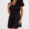Black Puff Sleeve Poplin Shift Dress