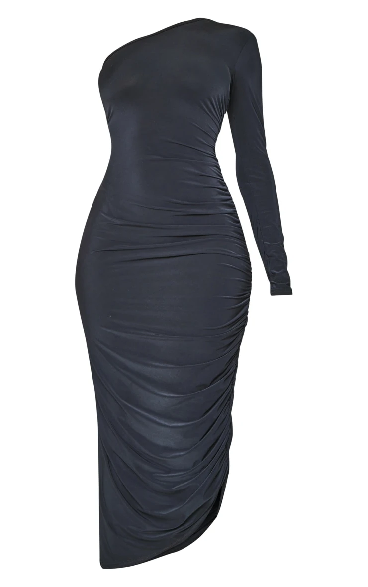 Black One Shoulder Ruched Side Slinky Midaxi Dress 5 Black One Shoulder Ruched Side Slinky Midaxi Dress - Image 5