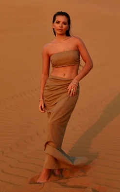 Mushroom Linen Look Ruched Detail Maxi Skirt