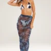 Denim Printed Mesh Tie Side Fishtail Maxi Skirt