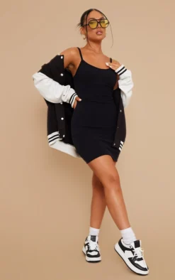 Black Rib Binding Detail Strappy Bodycon Dress