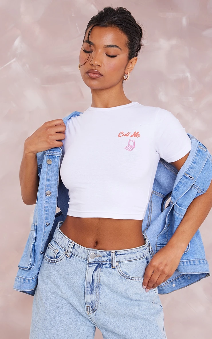 White Call Me Bubble Print Fitted Crop T Shirt 2 White Call Me Bubble Print Fitted Crop T Shirt - Image 2