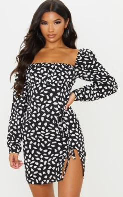 Black Dalmatian Print Bow Detail Side Split Bodycon Dress