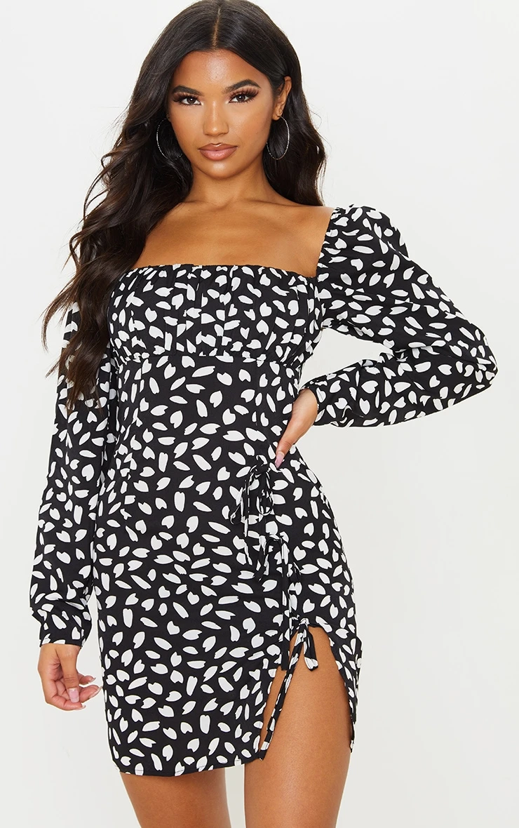 Black Dalmatian Print Bow Detail Side Split Bodycon Dress 1 Black Dalmatian Print Bow Detail Side Split Bodycon Dress