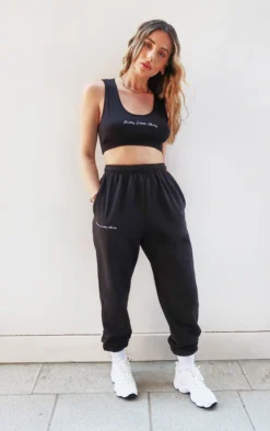 PRETTYLITTLETHING Black Embroidered Cuffed High Waist Joggers