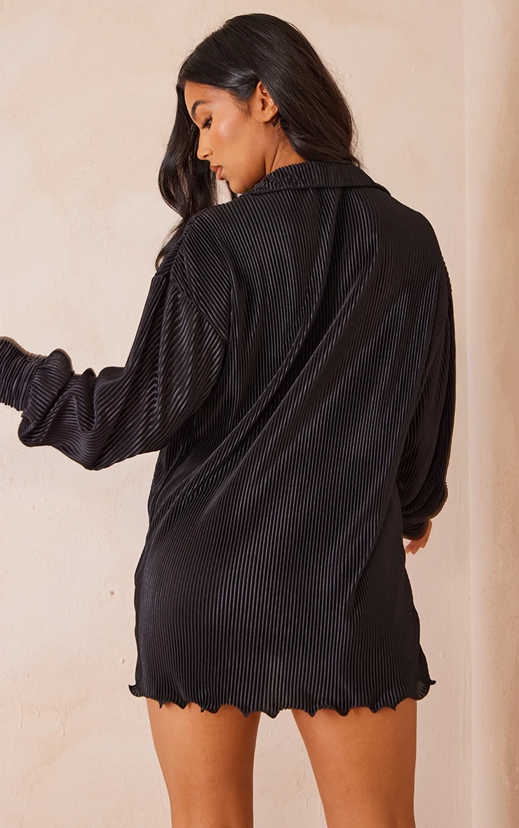 Black Plisse Frill Hem Shirt Dress 2 Black Plisse Frill Hem Shirt Dress - Image 2