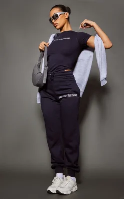 PRETTYLITTLETHING Logo Navy High Waisted Cuffed Joggers