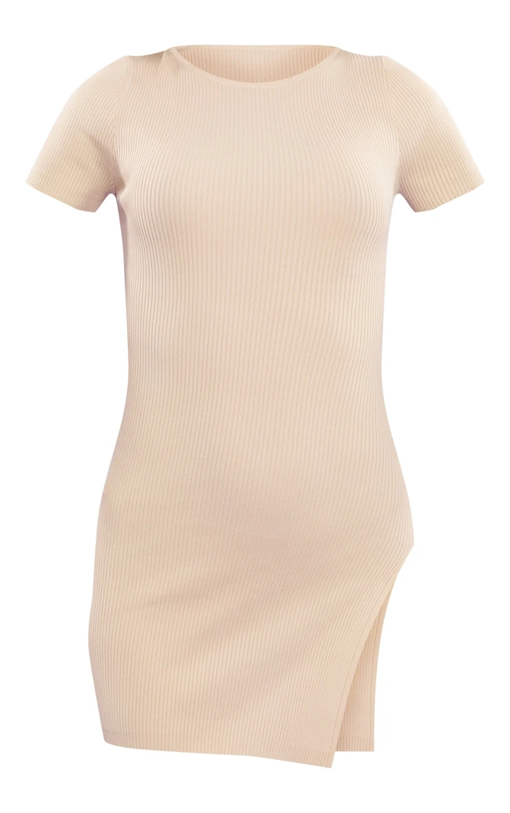Oatmeal Ribbed Knit Side Split Bodycon Dress 5 Oatmeal Ribbed Knit Side Split Bodycon Dress - Image 5