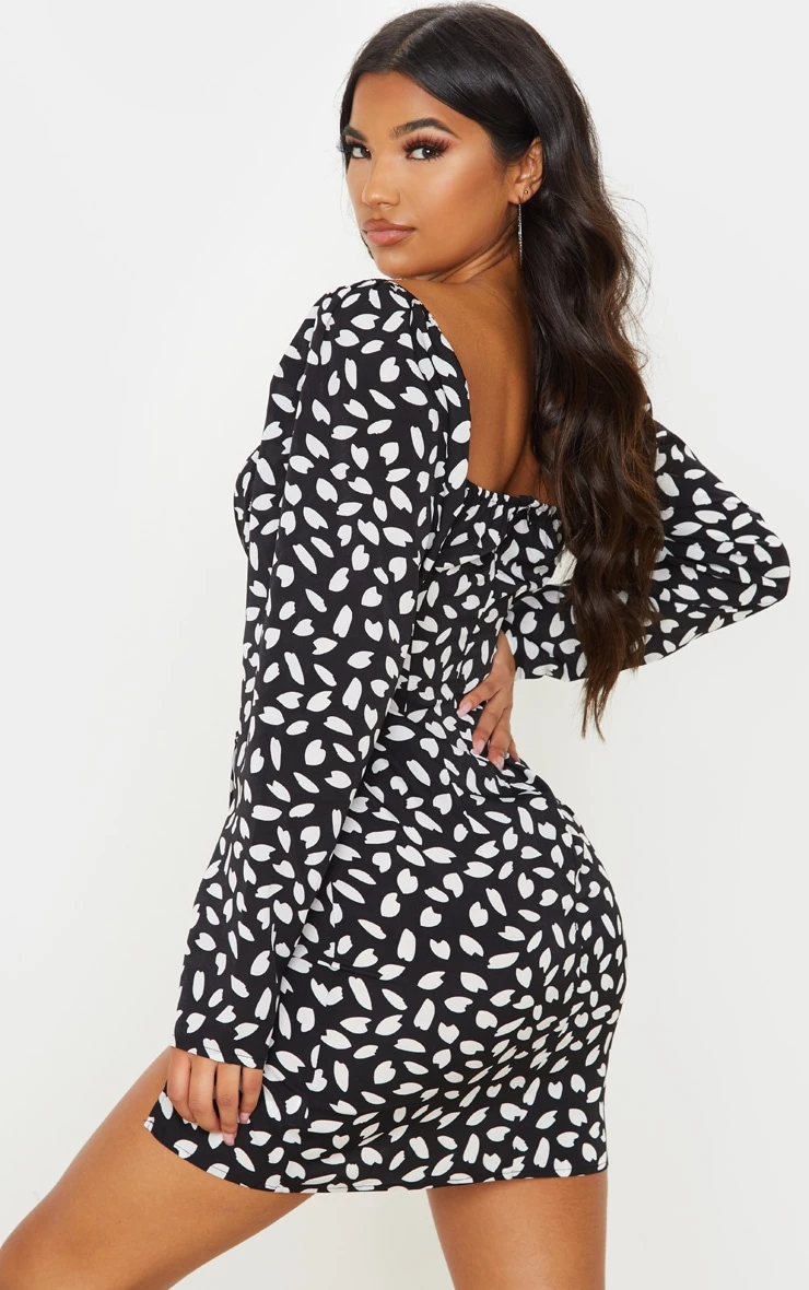 Black Dalmatian Print Bow Detail Side Split Bodycon Dress 2 Black Dalmatian Print Bow Detail Side Split Bodycon Dress - Image 2