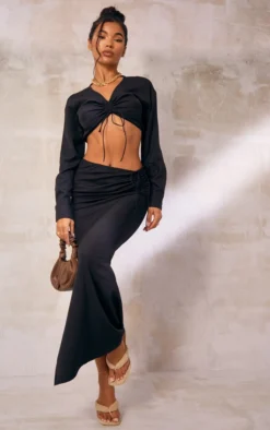 Black Woven Ruched Tie Front Maxi Skirt