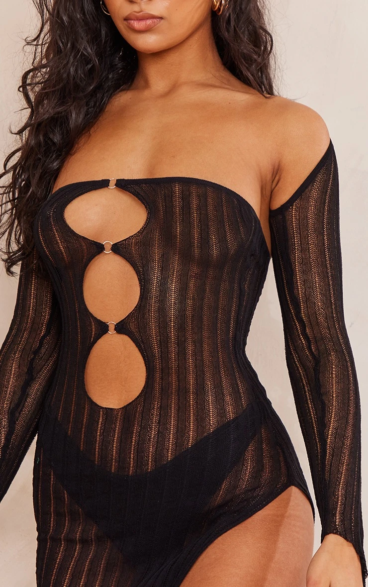 Black Distressed Sheer Knit Cut Out Side Split Dress & Sleeves 4 Black Distressed Sheer Knit Cut Out Side Split Dress & Sleeves - Image 4