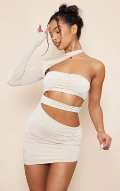 Stone Slinky One Shoulder Cut Out Mini Dress