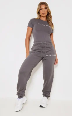 PRETTYLITTLETHING Logo Charcoal High Waisted Cuffed Joggers