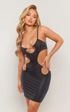 Black Slinky Cut Out Trim Detail Strappy Bodycon Dress