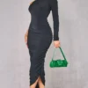 Black One Shoulder Ruched Side Slinky Midaxi Dress