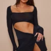 Black Slinky Cut Out Knot Skirt Long Sleeve Bodycon Dress