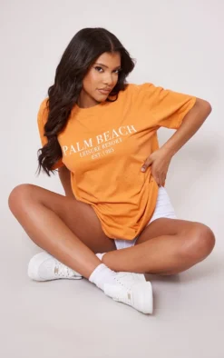 Orange Palm Beach Printed Washed T Shirt