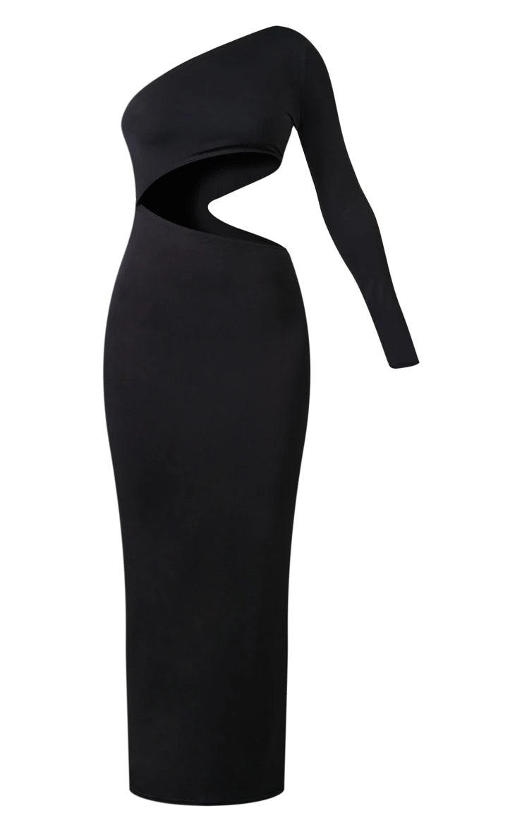 Black Slinky One Shoulder Cut Out Midaxi Dress 5 Black Slinky One Shoulder Cut Out Midaxi Dress - Image 5