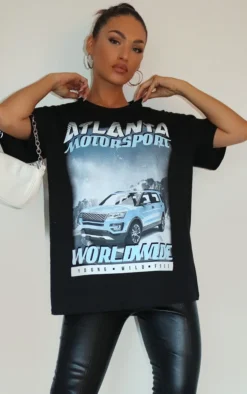 Black Atlanta Motorsport Worldwide Printed T Shirt
