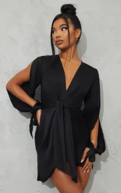Black Satin Twist Front Open Sleeve Wrap Dress -Moden Vibe Sales Store cc83f8c5b766d84a9896a11acb6e76fd48dc6f2f cmr2145 4