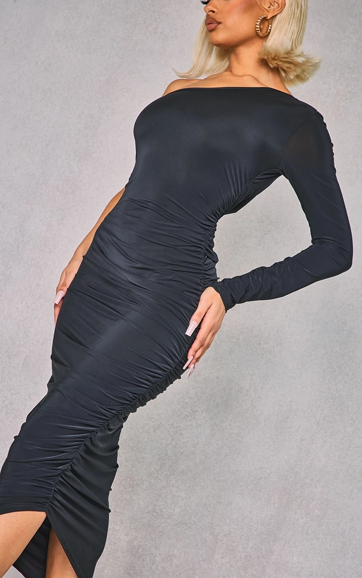 Black One Shoulder Ruched Side Slinky Midaxi Dress 4 Black One Shoulder Ruched Side Slinky Midaxi Dress - Image 4