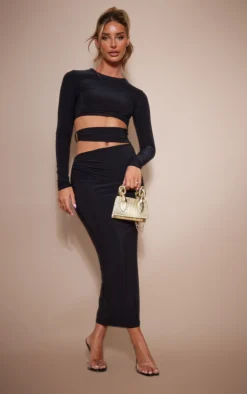 Black Slinky Cut Out Waist Ring Detail Midi Dress