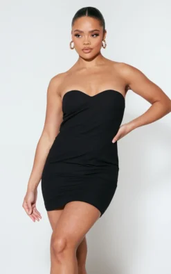 Black Linen Look Sweetheart Neckline Bodycon Dress