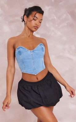 Black Linen Look Puffball Mini Skirt