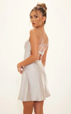 Silver Satin Underwired Back Strap Detail Shift Dress