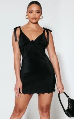 Black Plisse Cup Detail Tie Shoulder Shift Dress