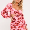 Pink Floral Ruched Cut Out Back Shift Dress