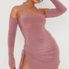 Rose Slinky Ruched Side Halter Tie Bardot Shift Dress