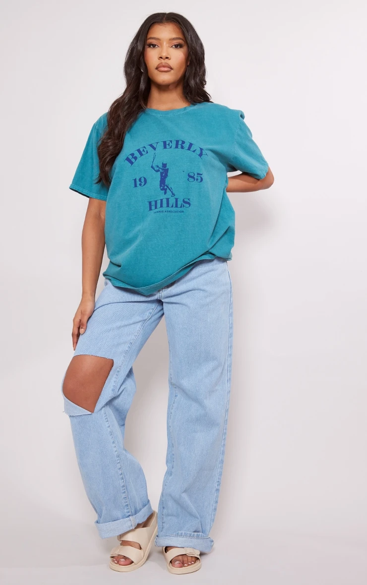 PRETTYLITTLETHING Teal Washed Beverley Hills Print T Shirt 3 PRETTYLITTLETHING Teal Washed Beverley Hills Print T Shirt - Image 3